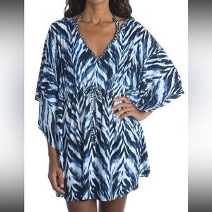 La Blanca Zebra Blue Print Swim Coverup Caftan Dress Belted M Medium